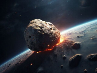A huge meteorite flying in space. A stony asteroid in the atmosphere. The threat of collision of celestial bodies with the planet earth.
