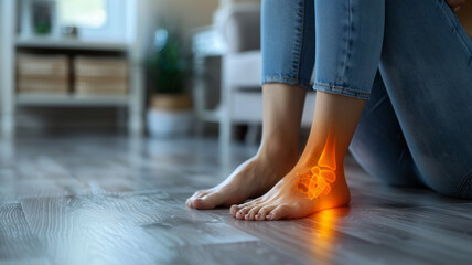 Woman displays inflamed heel, indicating plantar fasciitis.generative ai - obrazy, fototapety, plakaty