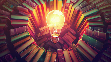 Illuminated Ideas: Light Bulb Amongst Books - obrazy, fototapety, plakaty