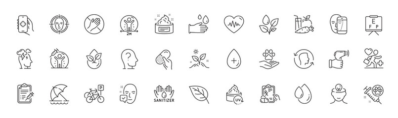 Face biometrics, Prescription drugs and Dont touch line icons. Pack of Heartbeat, Social distance, Electronic thermometer icon. Face detect, Organic product, Pets care pictogram. Patient. Vector - obrazy, fototapety, plakaty
