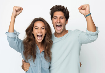 Beautiful couple Stand together with hands up, celebrating with arms raised, happy couple won, success concept