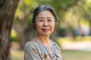 A woman with gray hair is smiling in a park