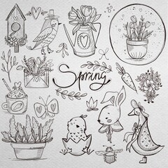 Set of raster illustrations about spring. Black and white images in a hand-drawn style, like a simple pencil sketch.