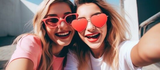 Women capturing a fun moment as they take a self-portrait using heart-shaped shades while smiling cheerfully