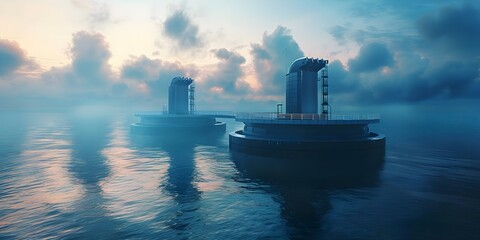 Cutting-edge Tidal Power Plant project harnessing ocean tides for sustainable energy with advanced technology. Concept Renewable Energy, Tidal Power, Sustainable Technology, Underwater Turbines - obrazy, fototapety, plakaty
