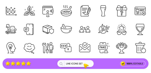 Lock, Reject web and Cooking mix line icons for web app. Pack of Wine glass, Fair trade, Delivery insurance pictogram icons. Winner cup, Dot plot, Repairman signs. Smile chat. Search bar. Vector
