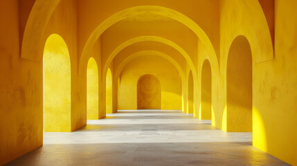 Yellow arches create a symmetrical path, inviting an endless journey.