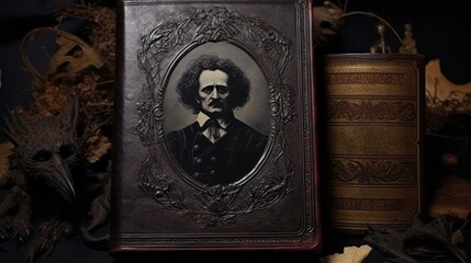 A book with a portrait of a man on the cover. The book is old and has a dark, mysterious feel to it