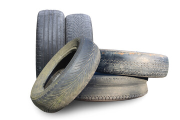 old worn damaged tires isolated on white background - 766576183