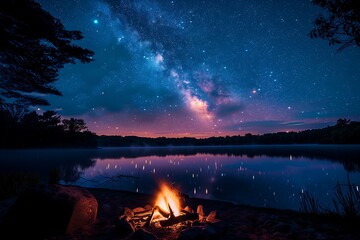 Starry Night with Campfire by a Calm Lake