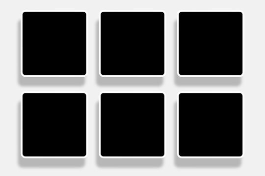 6 Blank round square photo frames template in a two rows layout. Used as a printable photo collage or a mockup for album pictures or photographs collection in a classic old style.