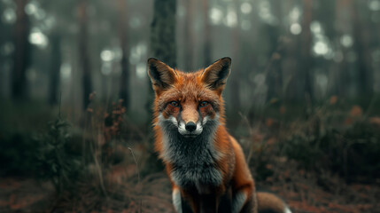 Red fox in the woods looking into camera, nature photography, cinematic