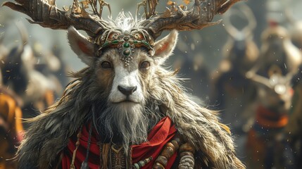 A regal deer with antlers stands adorned in ceremonial garb, exuding a mystical aura amidst a backdrop of an ancient, enchanted army.