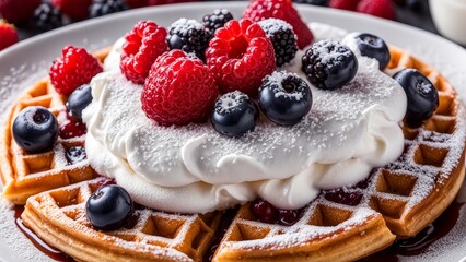 Crispy waffles covered with a layer of whipped cream and fresh berries