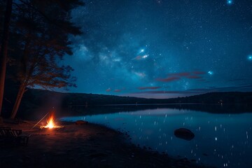 Campfire by the Lakeside Under the Night Sky