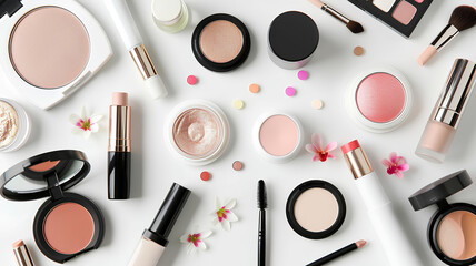 many cosmetics products for makeup on white background - obrazy, fototapety, plakaty