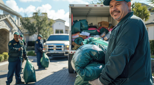 Junk removal employees removing items, clutter, bags of trash, and furniture from a house load into truck. Generative AI.