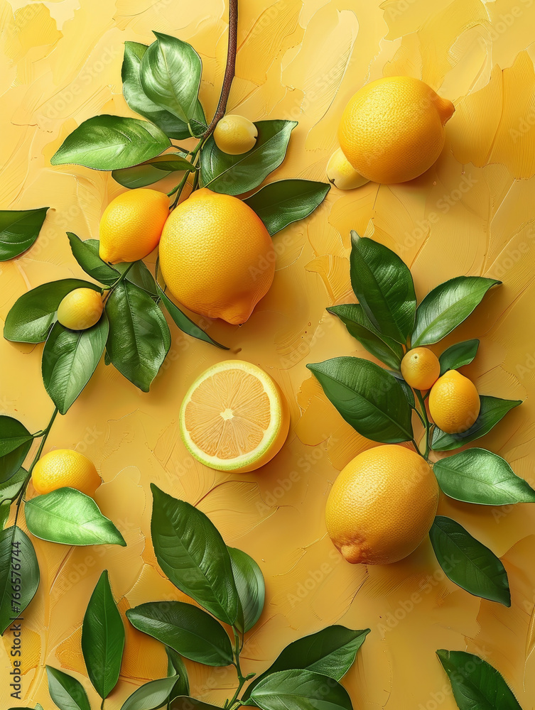 Poster Ripe lemons amidst green leaves on a textured yellow backdrop.