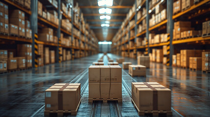Boxes of goods are waiting to be sent at the transport company's warehouse.