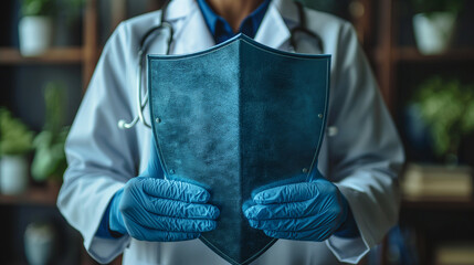 Close-up of a doctor's hand with a shield in his hands, his job is to protect against viruses. Medical insurance, disease protection.
