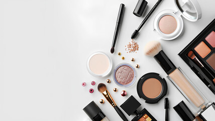 many cosmetics products for makeup on white background
