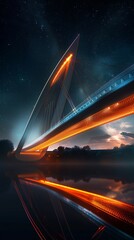 Fototapeta na wymiar Futuristic Suspension: Modern Bridge Illuminated by Night Lights with Copy Space.