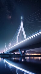 Futuristic Suspension: Modern Bridge Illuminated by Night Lights with Copy Space.