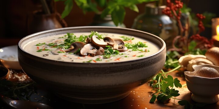 Indulge Your Senses: A Photorealistic, High-Detailed Cinematic Photo of a Creamy Mushroom Soup Bowl, Perfect for Your Food Blog. 