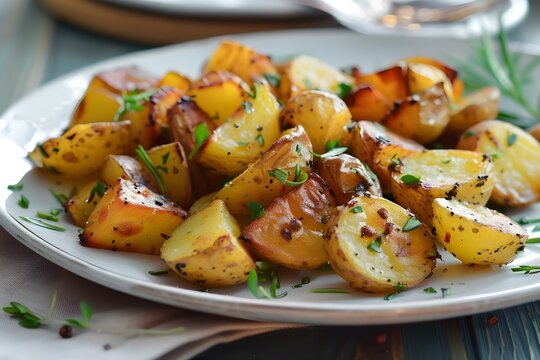 AI-generated image of a plate of crispy roasted potatoes. Concept Food Photography, Crispy Roasted Potatoes, Delicious Appetizers, Gourmet Presentation, Culinary Art
