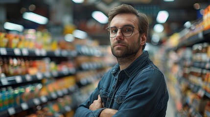 A man with glasses standing in a grocery store aisle, AI