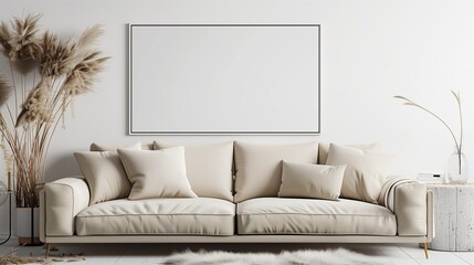 High Definition Mock-Up of a Blank Horizontal Poster Frame in a Scandinavian Inspired Living Room.