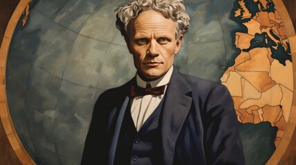 A man in a suit and bow tie stands in front of a globe. The globe is painted in a way that it looks like it is made of wood - obrazy, fototapety, plakaty
