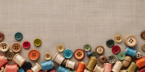 Colorful spools of thread and buttons on beige linen fabric background, copy space. Handicraft concept - obrazy, fototapety, plakaty