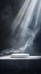 Introducing an exquisite scene for product display: a minimalist podium standing proudly in the spotlight, with delicate tendrils of smoke curling 