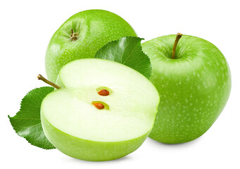 green apples with green leaves isolated on white background. clipping path