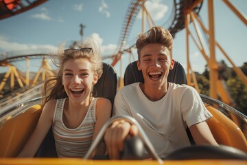A man and a woman of couple age riding a roller coaster together, experiencing thrill and excitement.