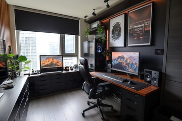 A room featuring a desk with a computer monitor, keyboard, and speakers arranged in a modern office setup.