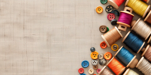 Colorful spools of thread and buttons on beige linen fabric background, copy space. Handicraft concept