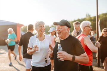 A group of older individuals are joyfully running together.