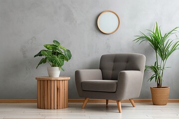 A chair and a potted plant in a living room setting.