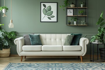 A modern living room featuring green walls and a white couch.