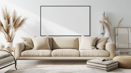 Sophisticated Blank Horizontal Poster Frame Mock-Up Nestled in a Scandinavian Style Living Room Interior.