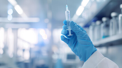 doctor holds a syringe on white blurred laboratory background - obrazy, fototapety, plakaty