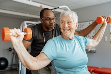 An older man and woman are lifting dumbbells in a gym.