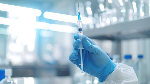 doctor holds a syringe on white blurred laboratory background