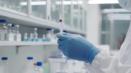 doctor holds a syringe on white blurred laboratory background - obrazy, fototapety, plakaty