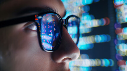 Coding Vision: Closeup of Developer in Glasses Analyzing Digital Code. Generative AI - obrazy, fototapety, plakaty