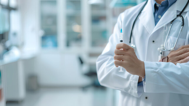 doctor holds a syringe on white blurred hospital background