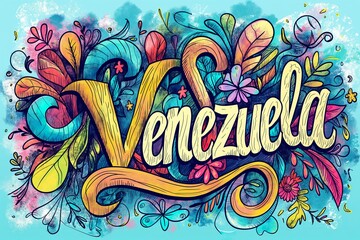 The word Venezuela is surrounded by a variety of colorful flowers and leaves in a whimsical and vibrant setting.
