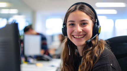 oyful young customer support worker with headphones in a busy office